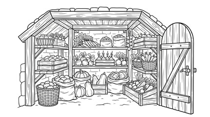 Fototapeta premium Rustic Wooden Root Cellar Interior with Fresh Harvest Vegetables Line Art
