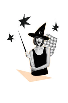 Composite artwork 3D sketch image collage of happy halloween poster spooky season silhouette young lady witch craft spell stick hat outfit