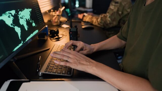 Middle-aged Caucasian female military officer typing on keyboard in command center, monitoring global map on screen. Footage is perfect for national security and global defense presentations