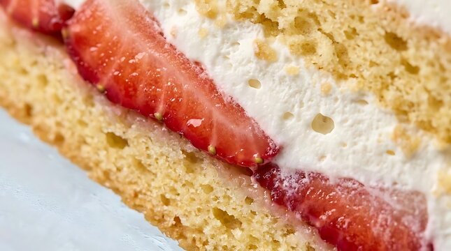 Close-up view of a layered strawberry shortcake featuring airy whipped cream and fresh fruit slices, perfectly capturing the Stock image prompt : shortcake strawberry v.