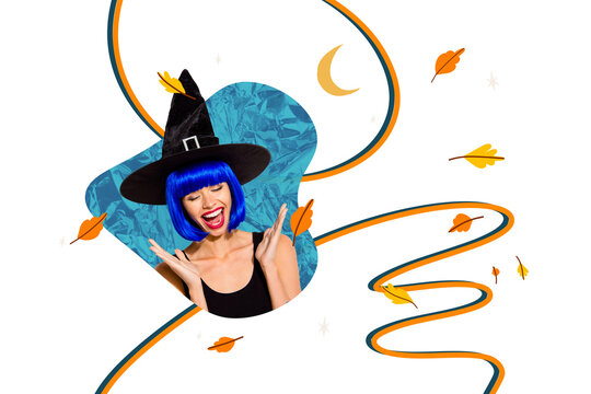 Composite artwork collage of&nbsp;happy halloween poster&nbsp;sky cloud&nbsp;spooky&nbsp;season party&nbsp;young woman witch in hat amazed smile hand gesture