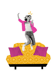 Vertical photo collage of happy girl listen new album music headphones hold phone jump sofa leisure hobby isolated on painted background