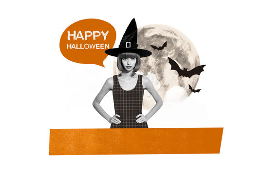 Composite photo collage of serious girl wear witch fairy carnival costume bats moon night halloween dark isolated on painted background