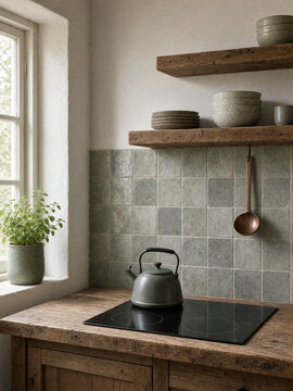 Rustic kitchen interior with kettle on induction cooktop. Wooden countertop, open shelves, ceramic tableware and tiled backsplash in natural light