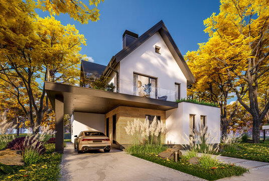 3d rendering of contemporary architectural luxury house exterior. Modern Scandinavian style family home with a white plaster walls, beautiful garden. Clear sunny autumn day with golden leaves anywhere
