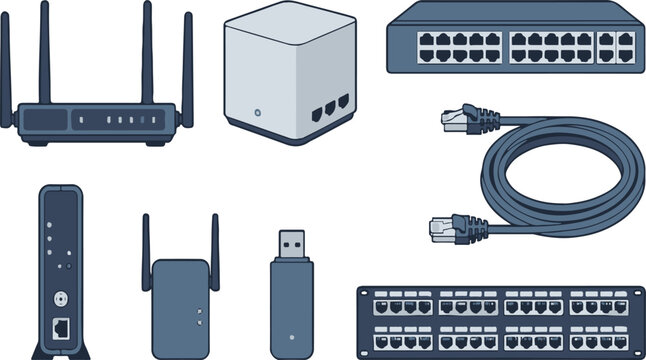 Wireless networking equipment including routers modems switches cables and usb adapters for home or office internet setups in flat blue design.