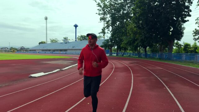 Drone view of a man running on an outdoor stadium track while challenging himself to reach fitness goals. The scene represents motivation, personal achievement, healthy lifestyle and active wellness.
