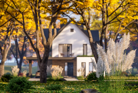 3d rendering of contemporary architectural luxury house exterior. Modern Scandinavian style family home with a white plaster walls, beautiful garden. Clear sunny autumn day with golden leaves anywhere