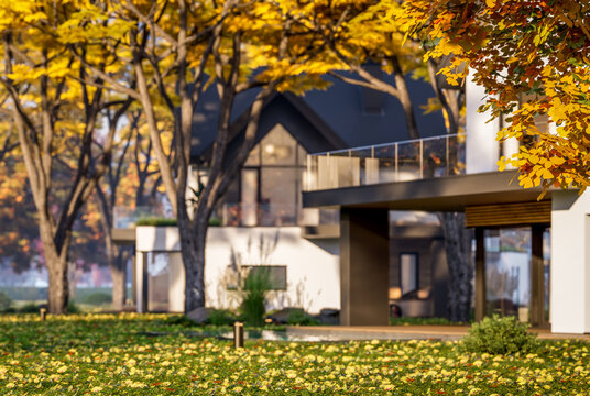 3d rendering of contemporary architectural luxury house exterior. Modern Scandinavian style family home with a white plaster walls, beautiful garden. Clear sunny autumn day with golden leaves anywhere