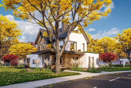 3d rendering of contemporary architectural luxury house exterior. Modern Scandinavian style family home with a white plaster walls, beautiful garden. Clear sunny autumn day with golden leaves anywhere