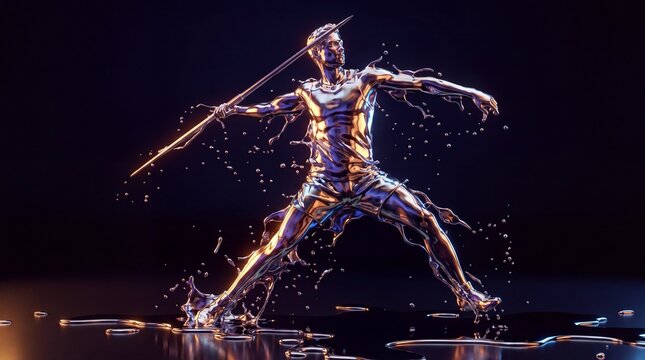 Liquid metal javelin thrower athlete holding spear in dynamic stance with splashes