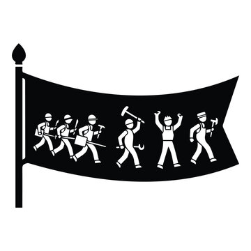 Industrial labor parade banner featuring worker silhouettes with tools for labor day event.