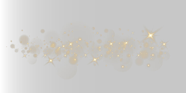 Golden glitter dust and shining stardust overlay set. Realistic magical glowing sparks, Christmas light particles and bright luxury bokeh effects on transparent png background