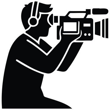 Professional cameraman silhouette holding video camera filming vector illustration style.