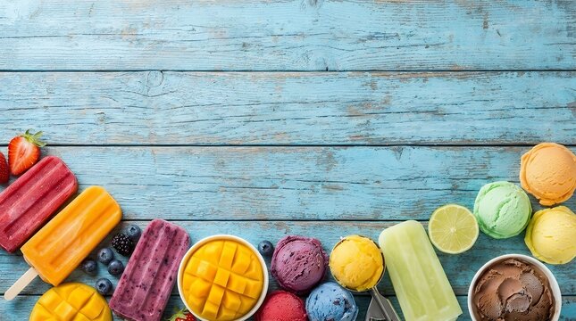 A vibrant and colorful top view of a variety of summer frozen desserts arranged as a bottom border on a rustic blue wood background with copy space. Perfect for summer treats and festive occasions.