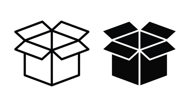 Open box icons showing two styles one outlined and one filled black perfect for packaging design e commerce websites product listings and shipping concepts
