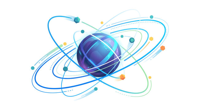 Abstract illustration of a planet with orbiting rings and particles.
