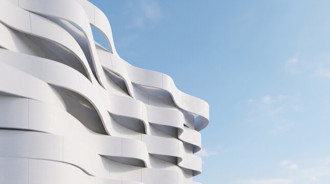 Modern white architectural wave building facade against a clear blue sky background