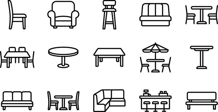 Set of black and white line icons representing various types of restaurant furniture tables chairs and bar stools