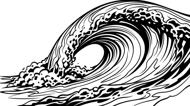 Black and white illustration of a powerful ocean wave curling.
