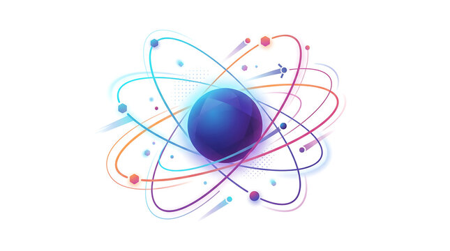 Abstract atom model with colorful orbiting electrons.