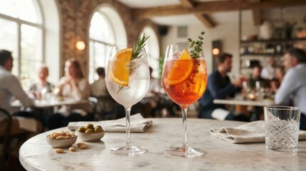 Fototapeta premium Two refreshing cocktails with orange slices and garnishes sit on a marble table in a cozy restaurant ambiance, while blurred patrons enjoy their evening.
