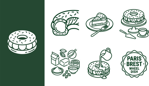 Set of paris brest wheel dish icons, french pastry dessert vector illustrations