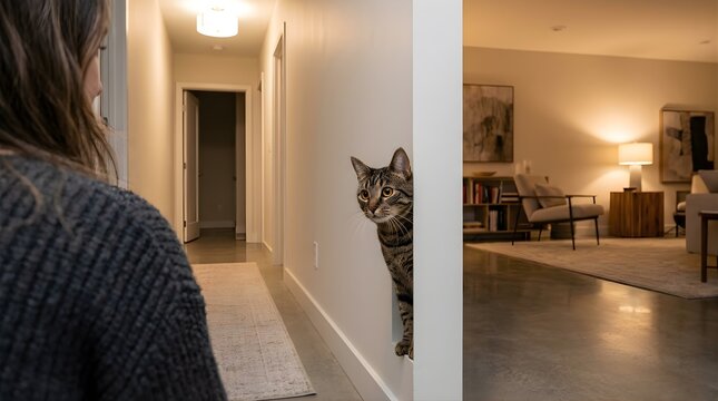 Woman looking at a curious tabby cat peeking around a wall in a home