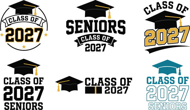 Class of 2027 graduation bundle set with typography vector badges logos and mortarboard cap elements isolated on white background