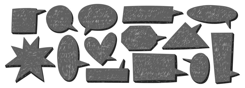 Set of text boxes with organic texture of crayon, chalk or pastel . Stamps with geometric shapes. Grey vector illustration with 3d effect on a white background.