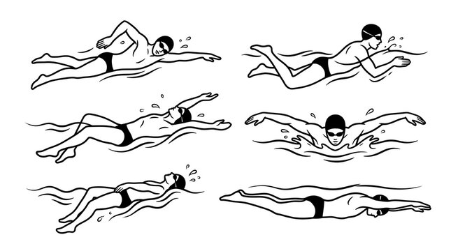 Illustrated swimmers performing different competitive strokes in action.