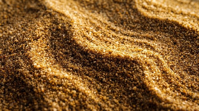 A detailed close-up of fine golden-brown sand grains forming soft, wave-like ridges and undulations.