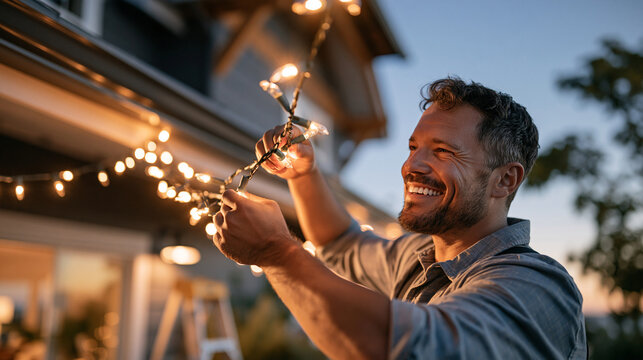 Realistic lifestyle photography of a person hanging string lights along the eaves of a house exterior at dusk, ladder visible nearby, warm golden hour light transitioning to blue d