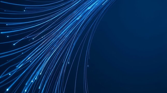A dynamic and futuristic abstract background of a blue light streak resembling fiber optics or a speed line representing 5G or 6G technology wireless data transmission and high-speed internet network