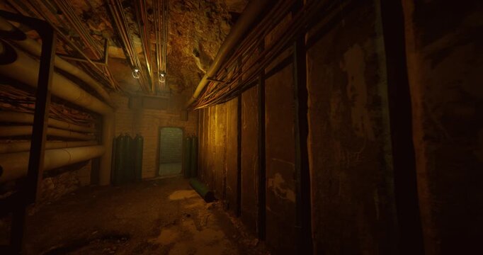inspection view of rusted utility corridor from angle, cylinder cluster near doorway, patched walls and conduit runs, inspector role implied for engineer