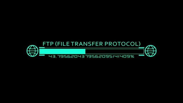 Glowing cyan FTP file transfer protocol progress bar animation with globe icons and digital loading percentage on a dark black background.