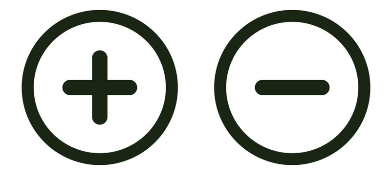 Plus and minus circular icon set featuring dark green outlined buttons, flat vector illustration isolated on white background for add, remove, zoom, quantity control, calculator and user interface des