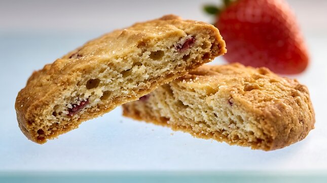 High-angle macro of a strawberry shortbread v cookie split in half to show the crumbly texture and berry pieces, ideal for bakery menus and food photography collections.