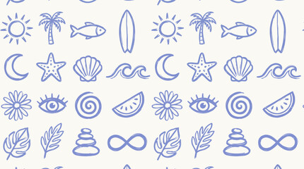 Fototapeta premium Blue line-art doodle pattern of sea life and beach icons, including fish, seashells, sun and moon, stars, palms, leaves and waves