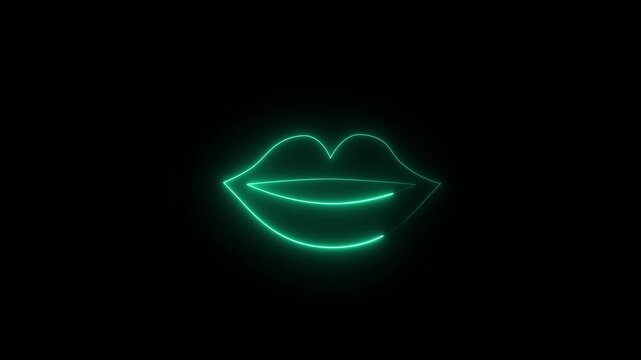 Neon green glowing lips outline animation on a dark black background.