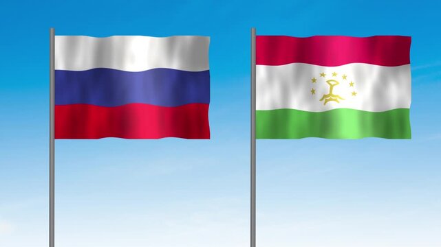 Flag of Tajikistan and Russia, Pole flag of Tajikistan and Russia on clear sky background. Tajikistan and Russia flag waving. 

