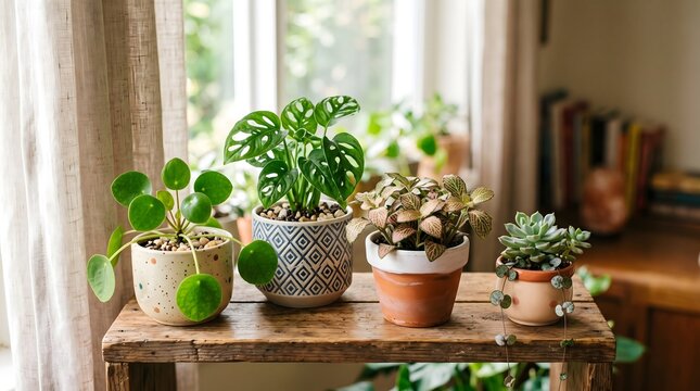 Beautiful Chinese Money Plant, Monstera Adansonii, and Nerve Plant in Ceramic Pots.