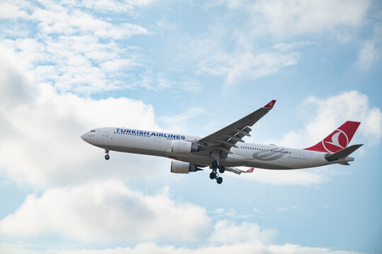 Turkish airlines airplane landing at Frankfurt Main international airport, Germany, commercial transportation airline, passenger flying to travel destination