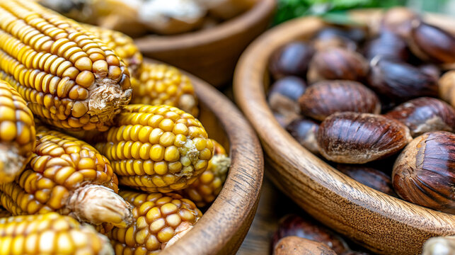 Wooden bowls filled with fresh sweet corn cobs and brown chestnuts