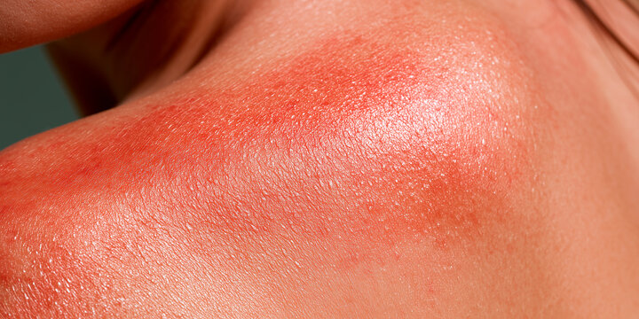 Close-up of a person's red, sunburnt shoulder with peeling skin after severe UV sun exposure.