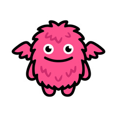 Fototapeta premium Cute Pink Fluffy Monster with Wings and Big Eyes