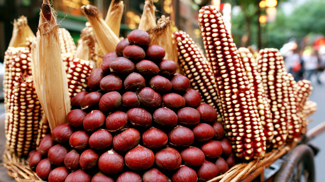 Street vendor cart loaded with piles of fresh chestnuts and corn cobs