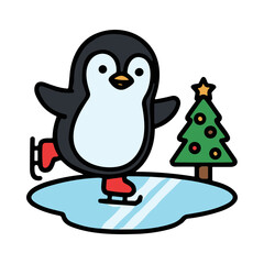 Fototapeta premium Cute Penguin Ice Skating Next to Christmas Tree