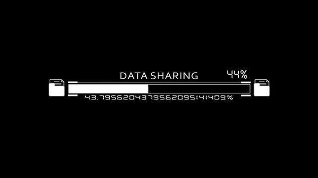 White data sharing progress bar animation with folder icons and digital loading percentage on a dark black background.