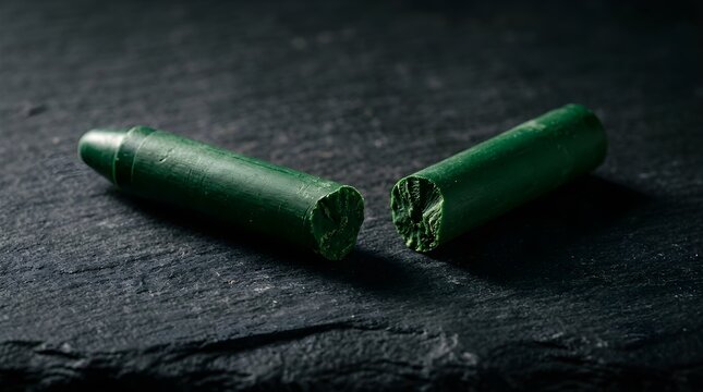Broken green wax crayon on a dark slate background for art supplies